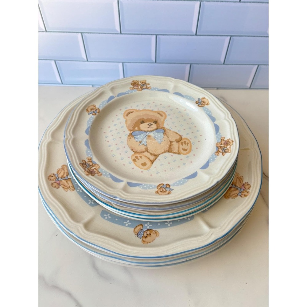 Vtg Tienshan Country Teddy Bear Ceramic Plates Set of 7 Blue Bow Stoneware